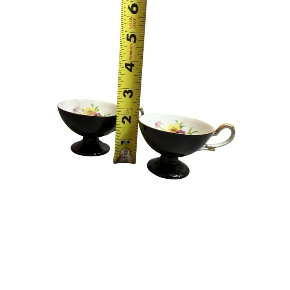 Unarco Occupied Japan Footed Tea Cups Pair Black Gold Floral Interior Vintage